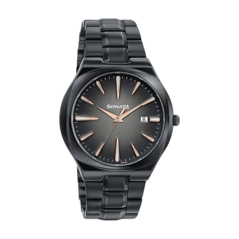 Sonata Festive Quartz Analog Black Dial Black Metal Strap Watch For Men 77194NM01