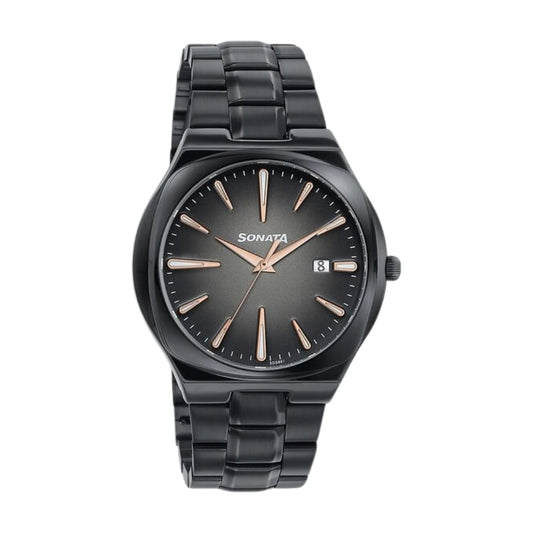Sonata Festive Quartz Analog Black Dial Black Metal Strap Watch For Men 77194NM01