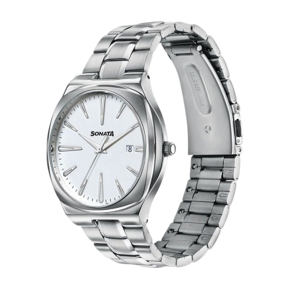 Sonata Festive Quartz Analog Silver Dial Silver Metal Strap Watch For Men 77194SM01