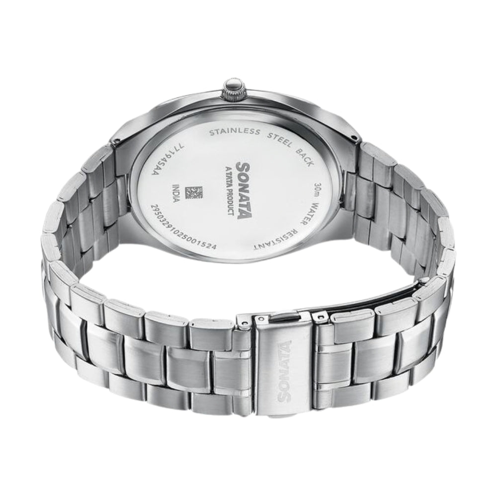 Sonata Festive Quartz Analog Silver Dial Silver Metal Strap Watch For Men 77194SM01