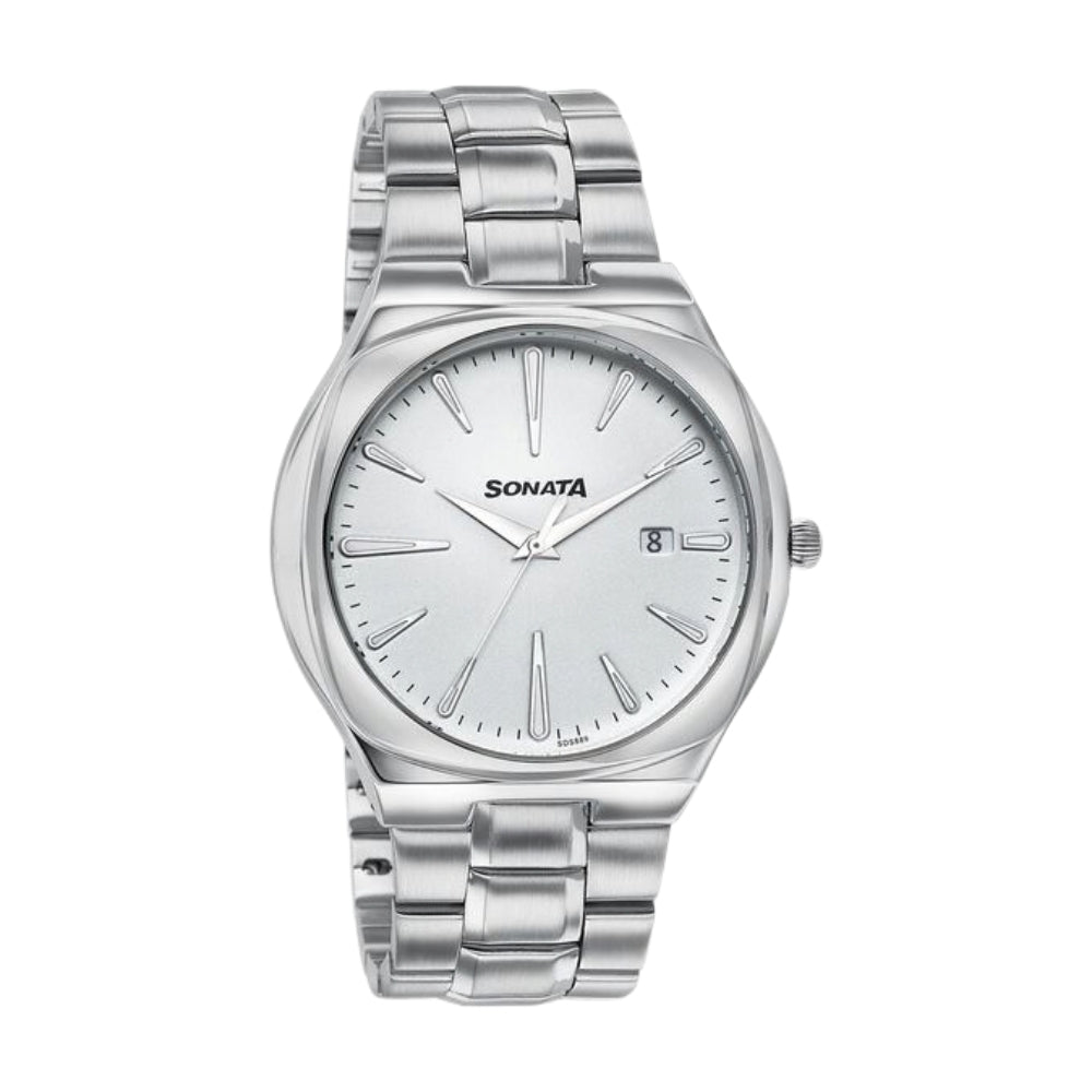 Sonata Festive Quartz Analog Silver Dial Silver Metal Strap Watch For Men 77194SM01