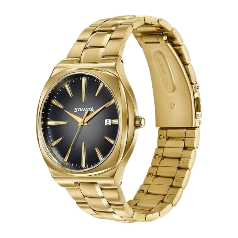 Sonata Festive Quartz Analog Black Dial Gold Metal Strap Watch For Men 77194YM01