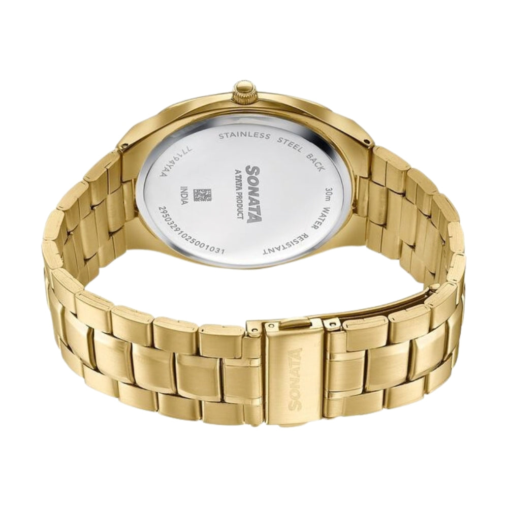 Sonata Festive Quartz Analog Black Dial Gold Metal Strap Watch For Men 77194YM01