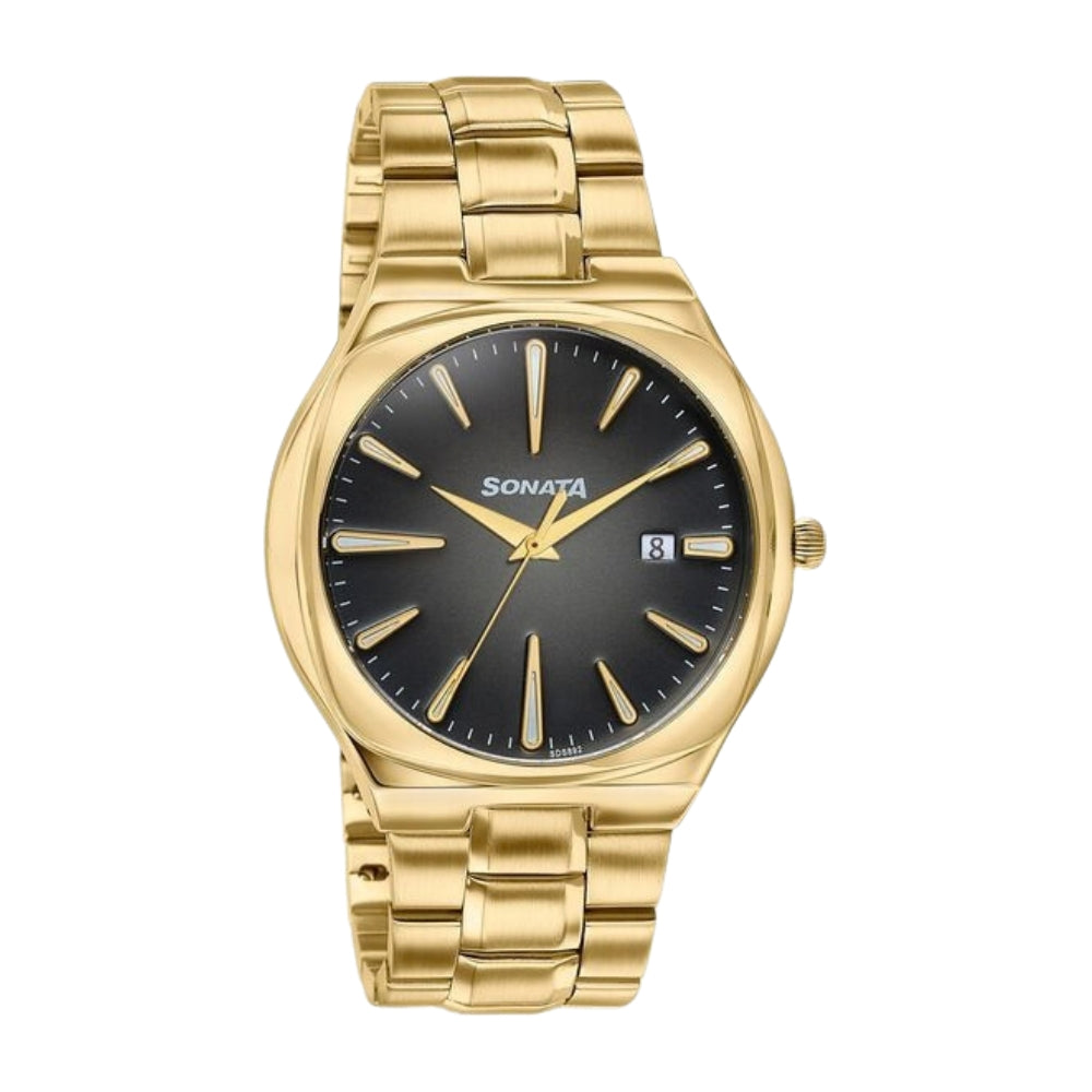 Sonata Festive Quartz Analog Black Dial Gold Metal Strap Watch For Men 77194YM01