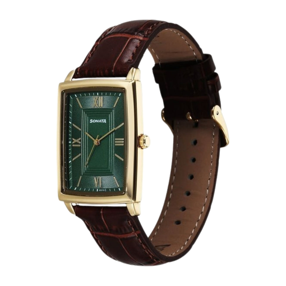 Sonata Festive Quartz Analog Green Dial Leather Strap Watch For Men 77199YL01
