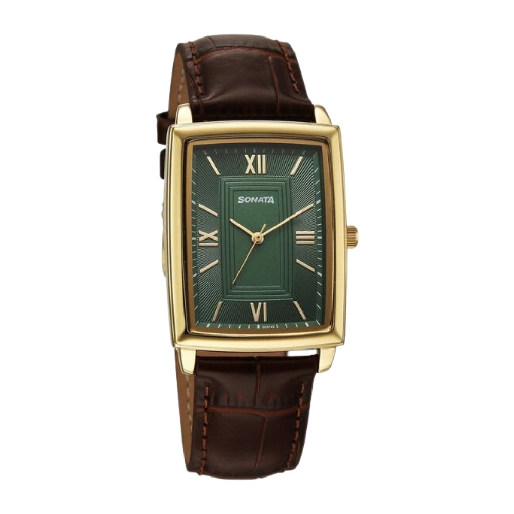 Sonata Festive Quartz Analog Green Dial Leather Strap Watch For Men 77199YL01