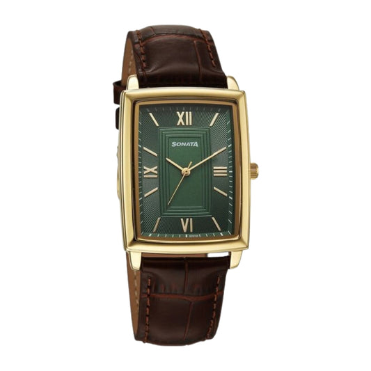 Sonata Festive Quartz Analog Green Dial Leather Strap Watch For Men 77199YL01