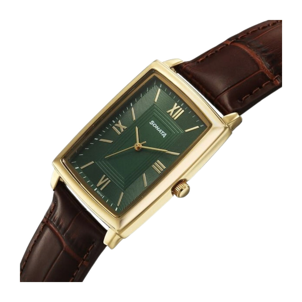 Sonata Festive Quartz Analog Green Dial Leather Strap Watch For Men 77199YL01
