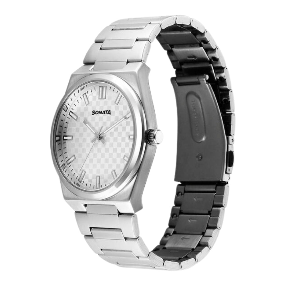 Sonata Festive Quartz Analog Silver Dial Metal Strap Watch For Men 77200SM02