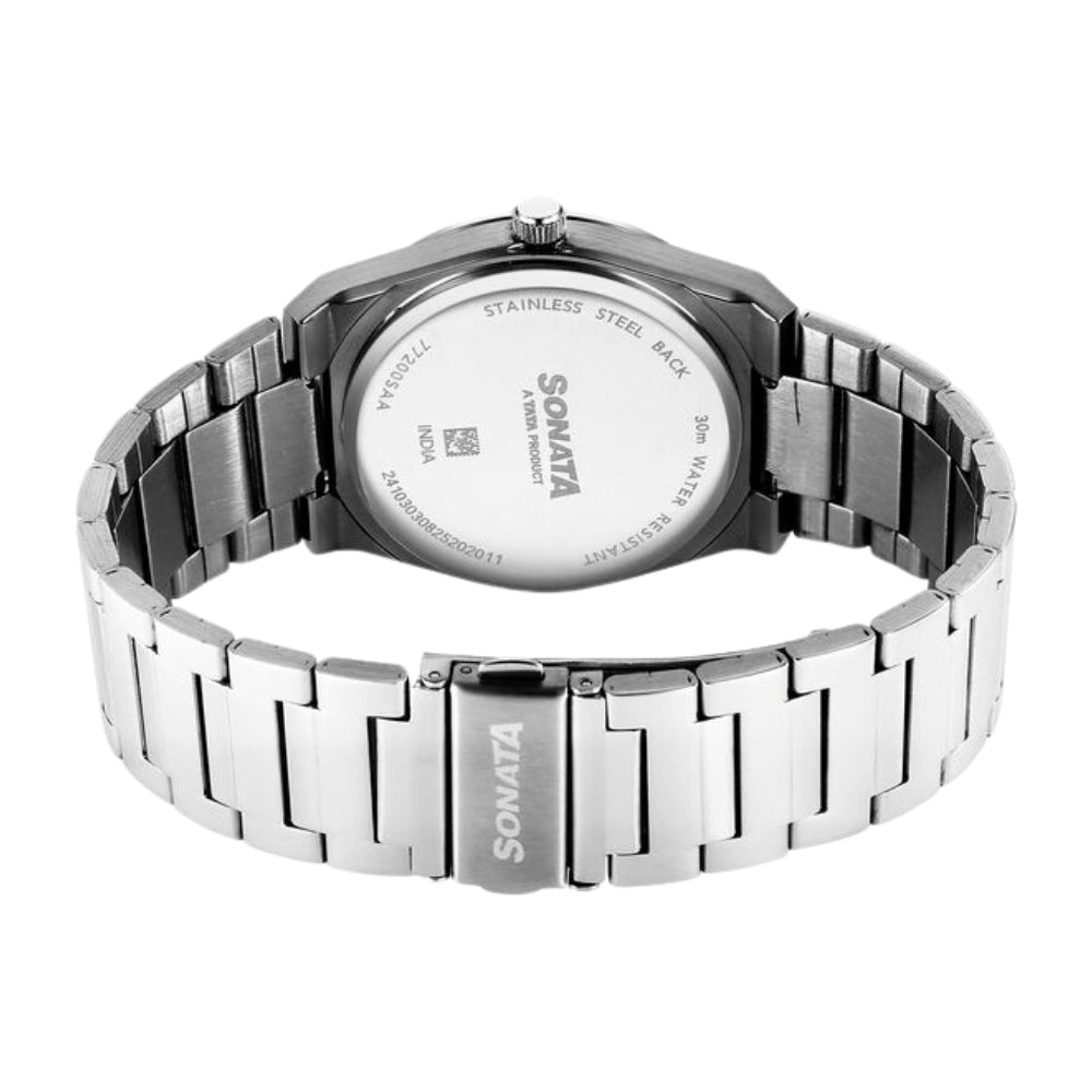 Sonata Festive Quartz Analog Silver Dial Metal Strap Watch For Men 77200SM02