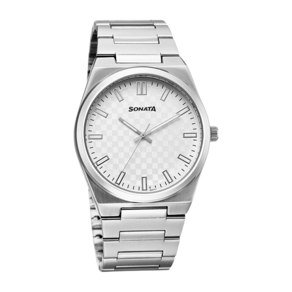Sonata Festive Quartz Analog Silver Dial Metal Strap Watch For Men 77200SM02