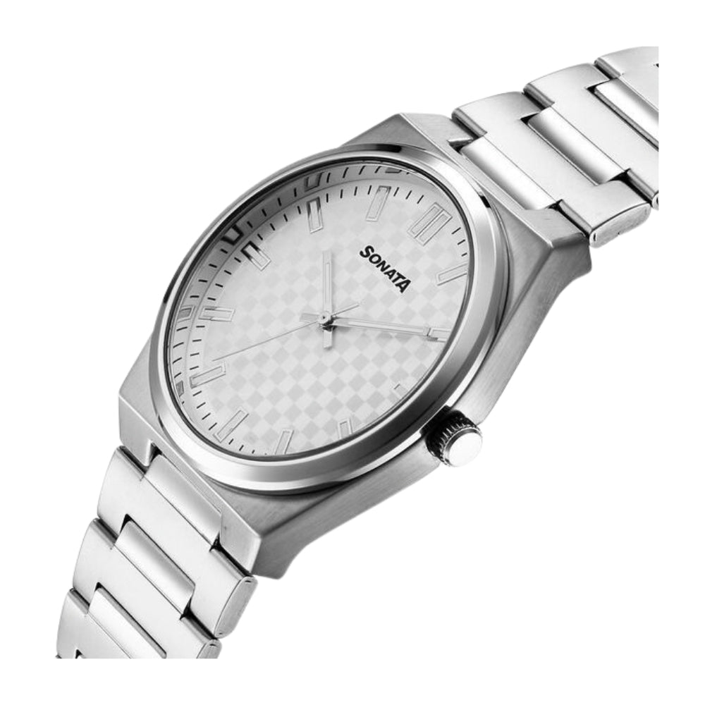 Sonata Festive Quartz Analog Silver Dial Metal Strap Watch For Men 77200SM02
