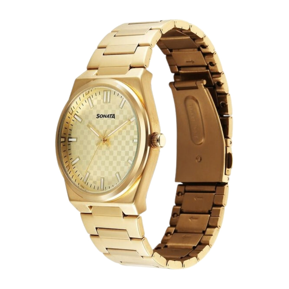 Sonata Festive Quartz Analog Golden Dial Metal Strap Watch For Men 77200YM02