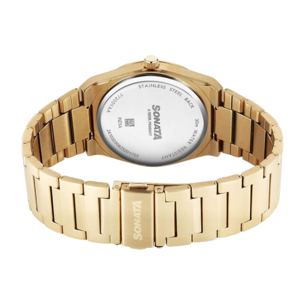 Sonata Festive Quartz Analog Golden Dial Metal Strap Watch For Men 77200YM02