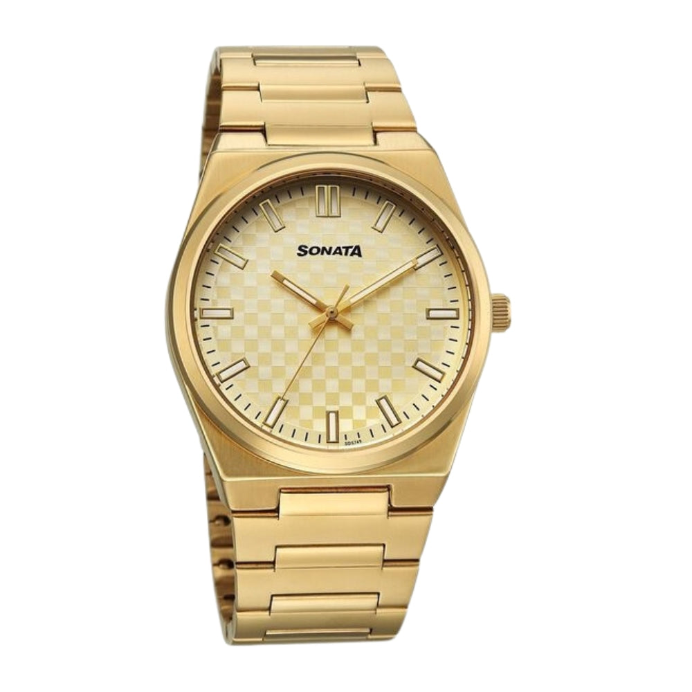 Sonata Festive Quartz Analog Golden Dial Metal Strap Watch For Men 77200YM02