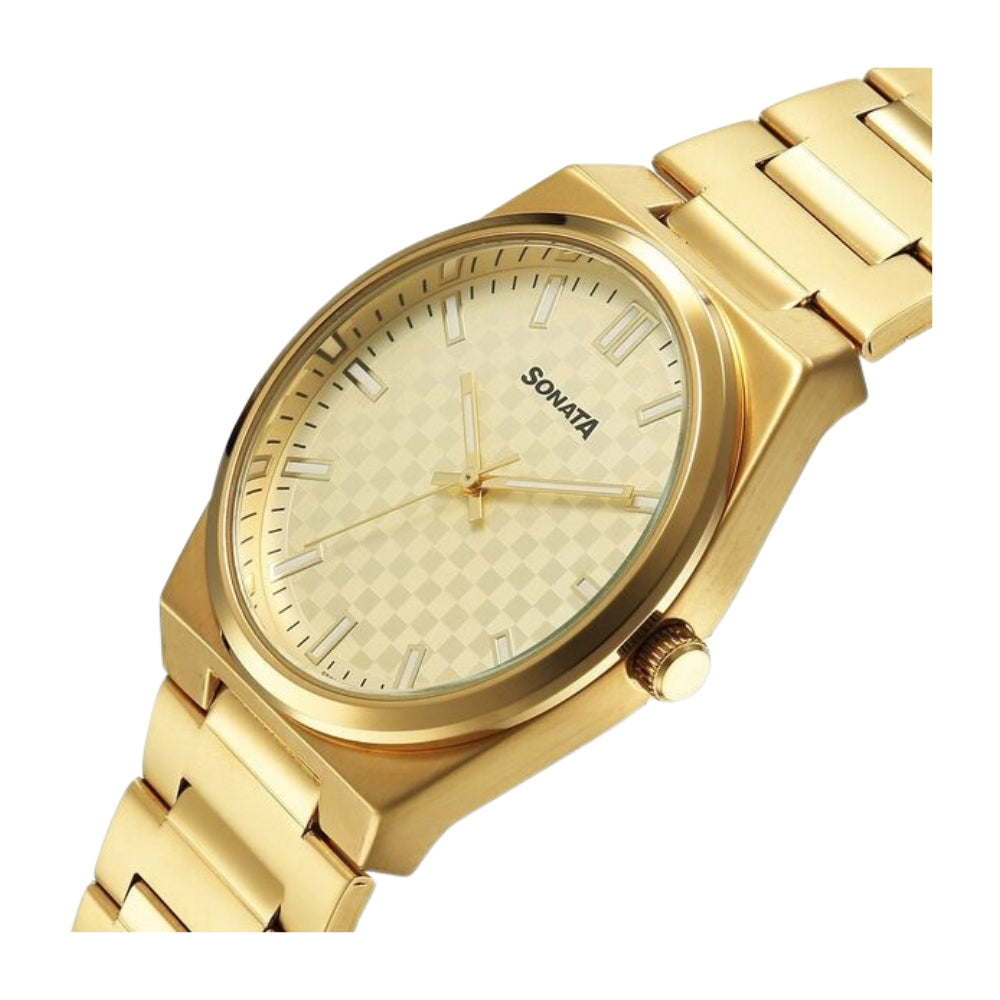 Sonata Festive Quartz Analog Golden Dial Metal Strap Watch For Men 77200YM02
