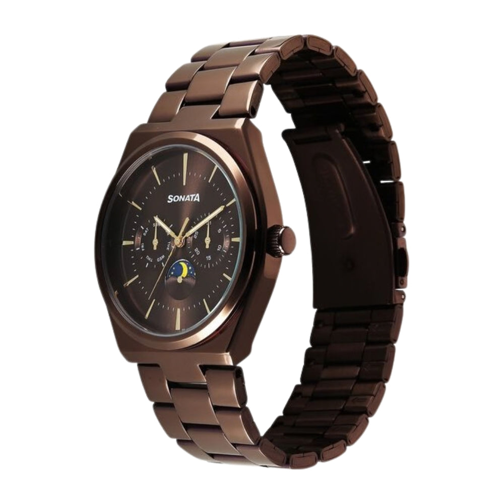 Sonata Festive Quartz Analog Brown Dial Metal Strap Watch For Men 77202QM01
