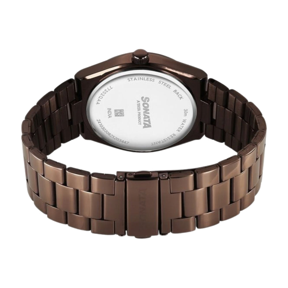 Sonata Festive Quartz Analog Brown Dial Metal Strap Watch For Men 77202QM01