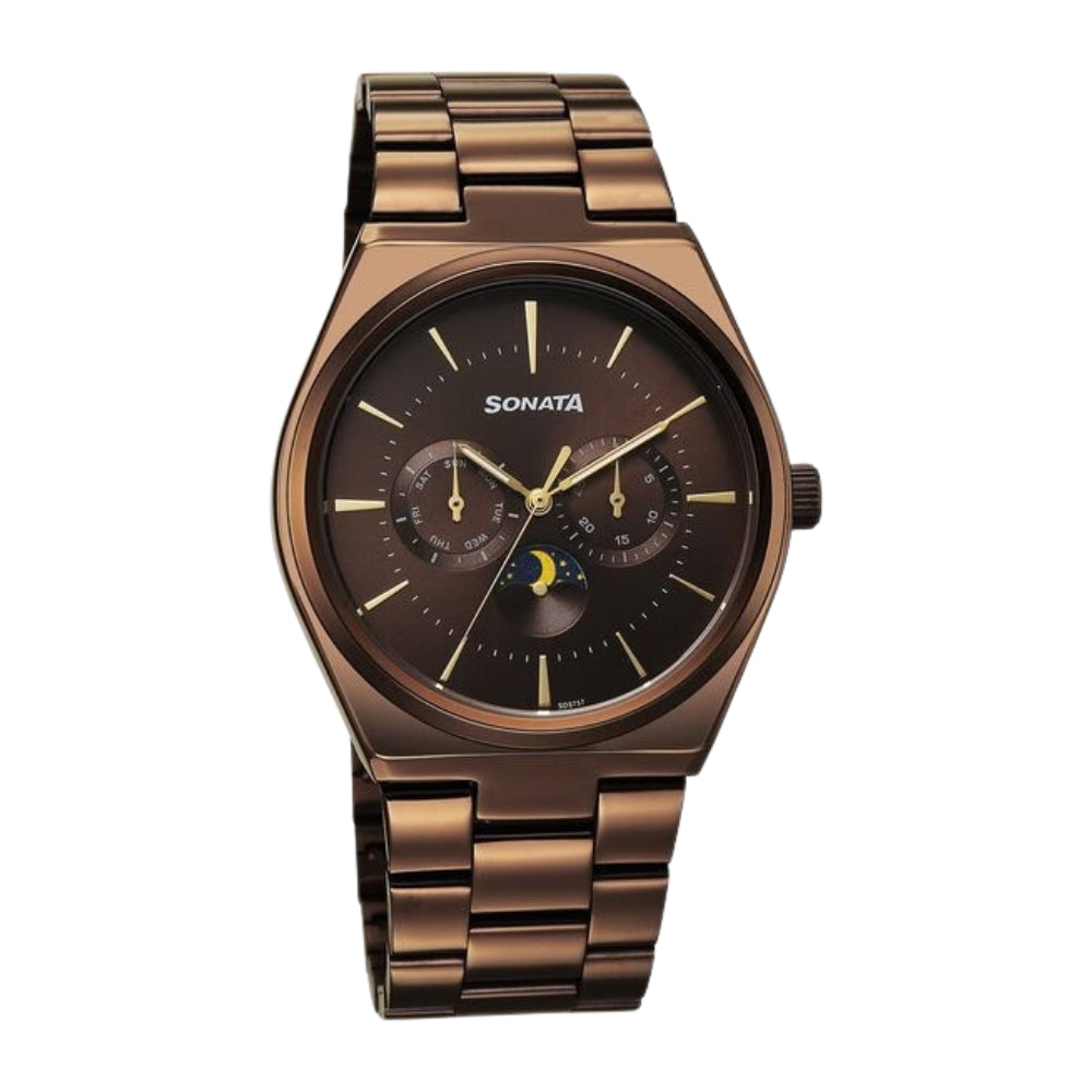Sonata Festive Quartz Analog Brown Dial Metal Strap Watch For Men 77202QM01