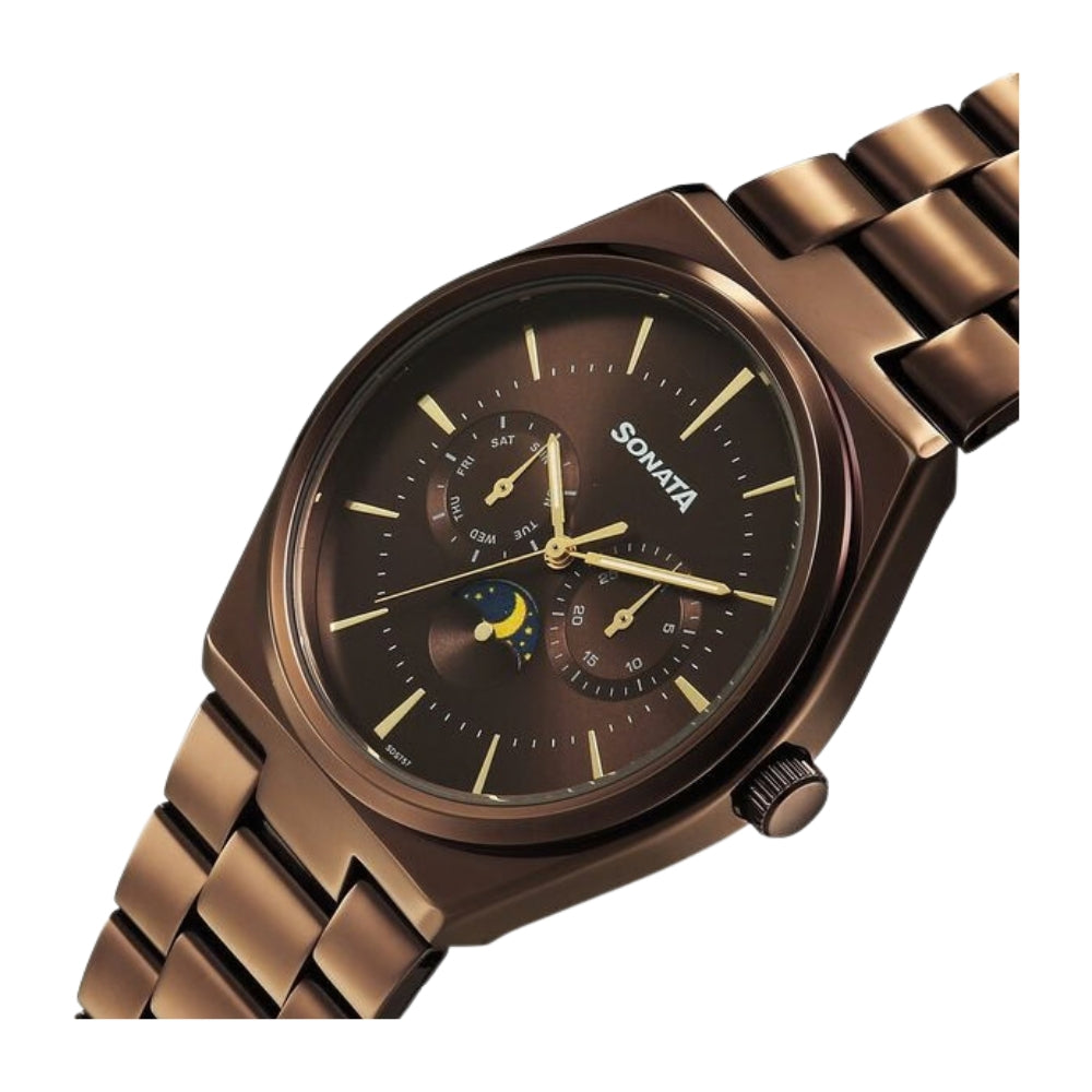 Sonata Festive Quartz Analog Brown Dial Metal Strap Watch For Men 77202QM01