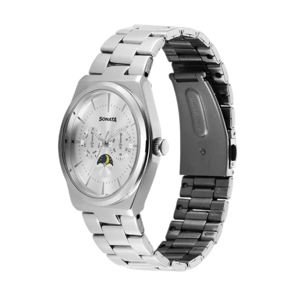 Sonata Festive Quartz Analog Silver Dial Metal Strap Watch For Men 77202SM01