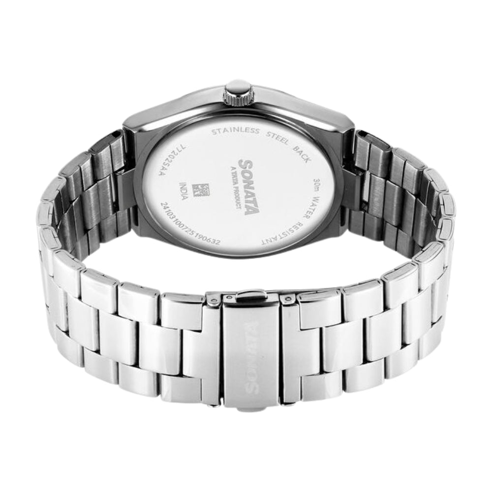 Sonata Festive Quartz Analog Silver Dial Metal Strap Watch For Men 77202SM01
