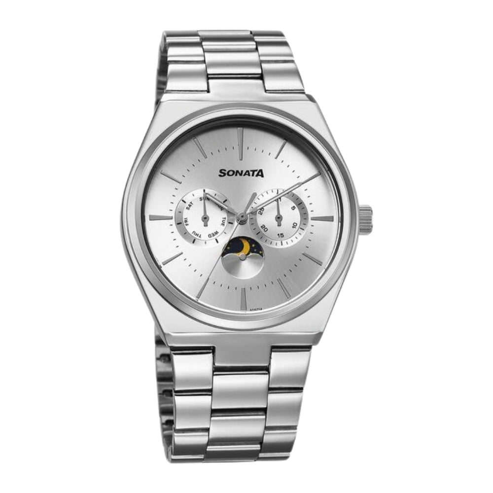 Sonata Festive Quartz Analog Silver Dial Metal Strap Watch For Men 77202SM01
