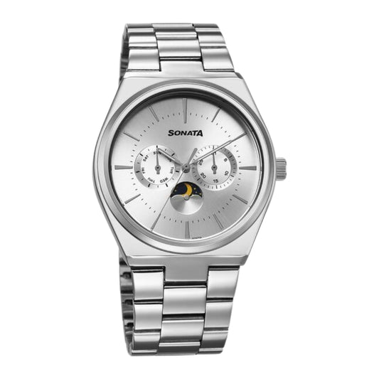 Sonata Festive Quartz Analog Silver Dial Metal Strap Watch For Men 77202SM01