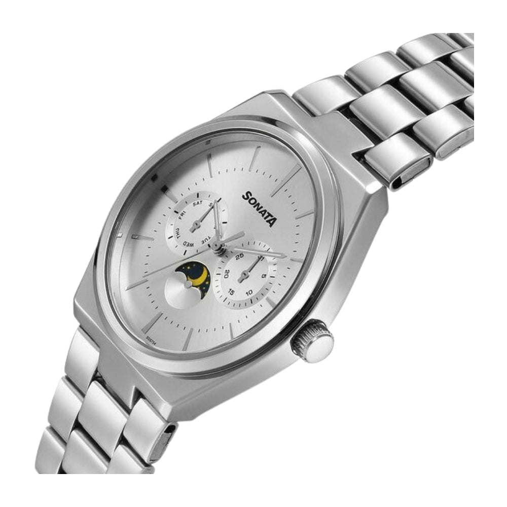 Sonata Festive Quartz Analog Silver Dial Metal Strap Watch For Men 77202SM01