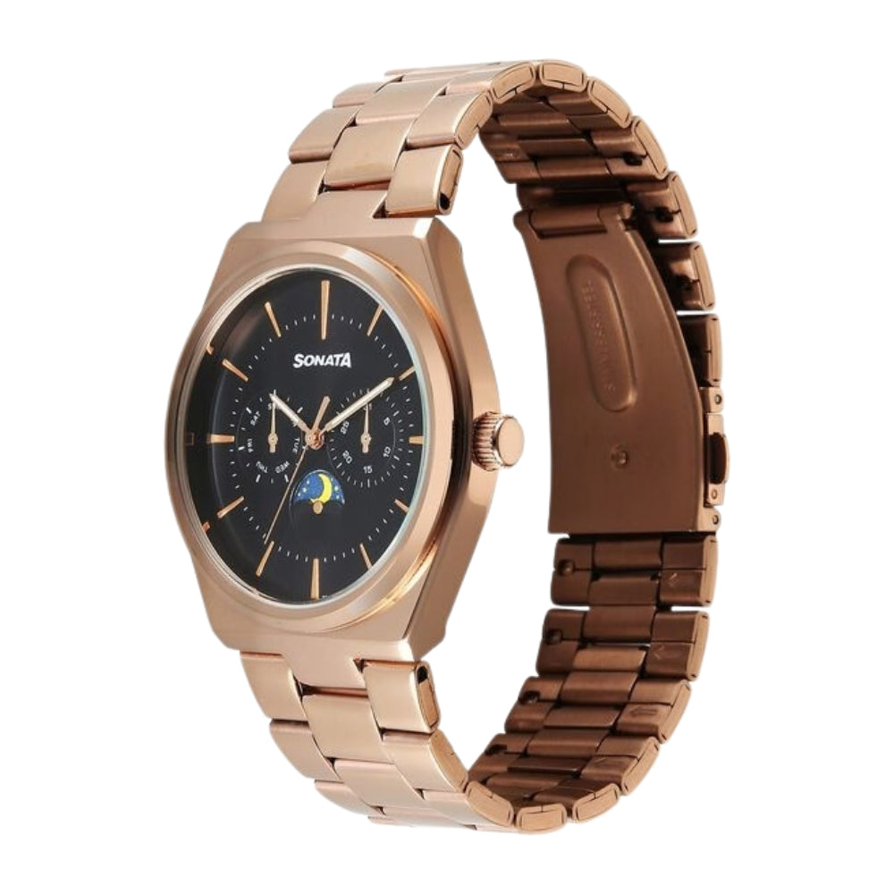 Sonata Festive Quartz Analog Black Dial Metal Strap Watch For Men 77202WM01