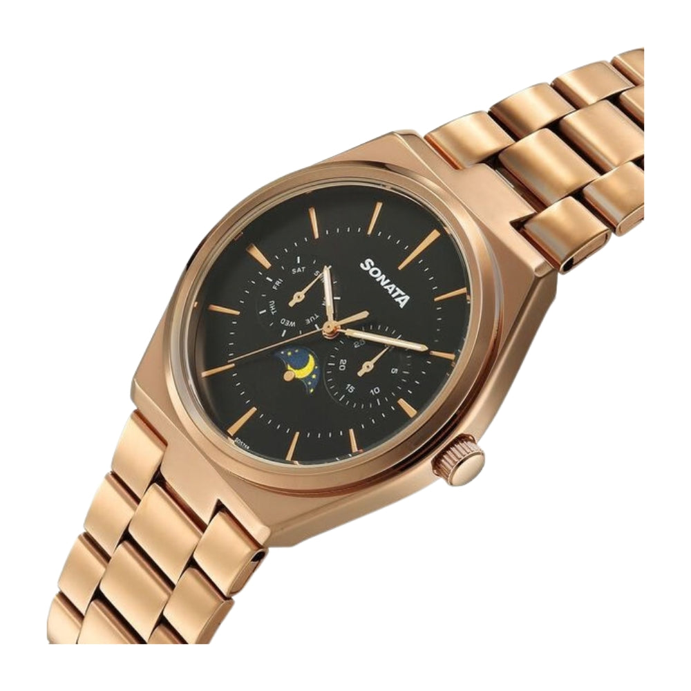 Sonata Festive Quartz Analog Black Dial Metal Strap Watch For Men 77202WM01