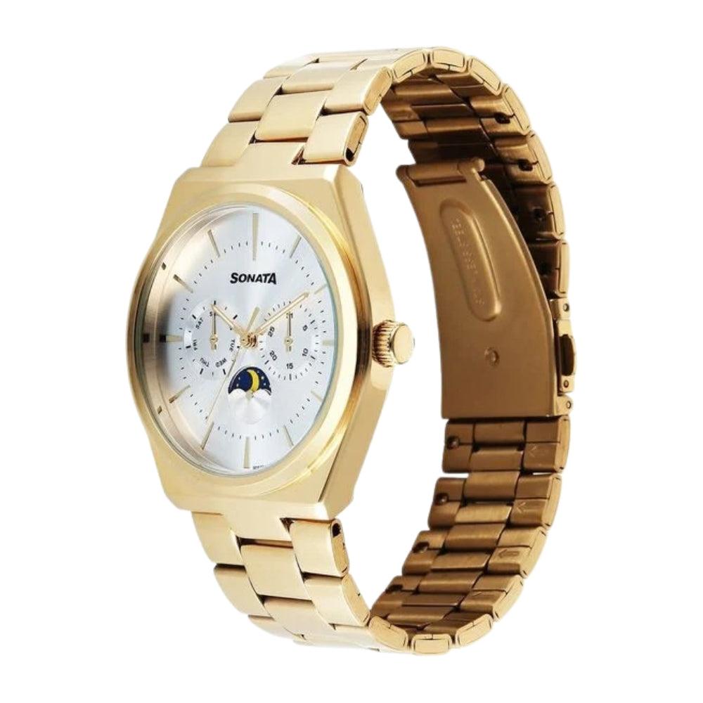 Sonata Festive Quartz Analog Silver Dial Metal Strap Watch For Men 77202YM01