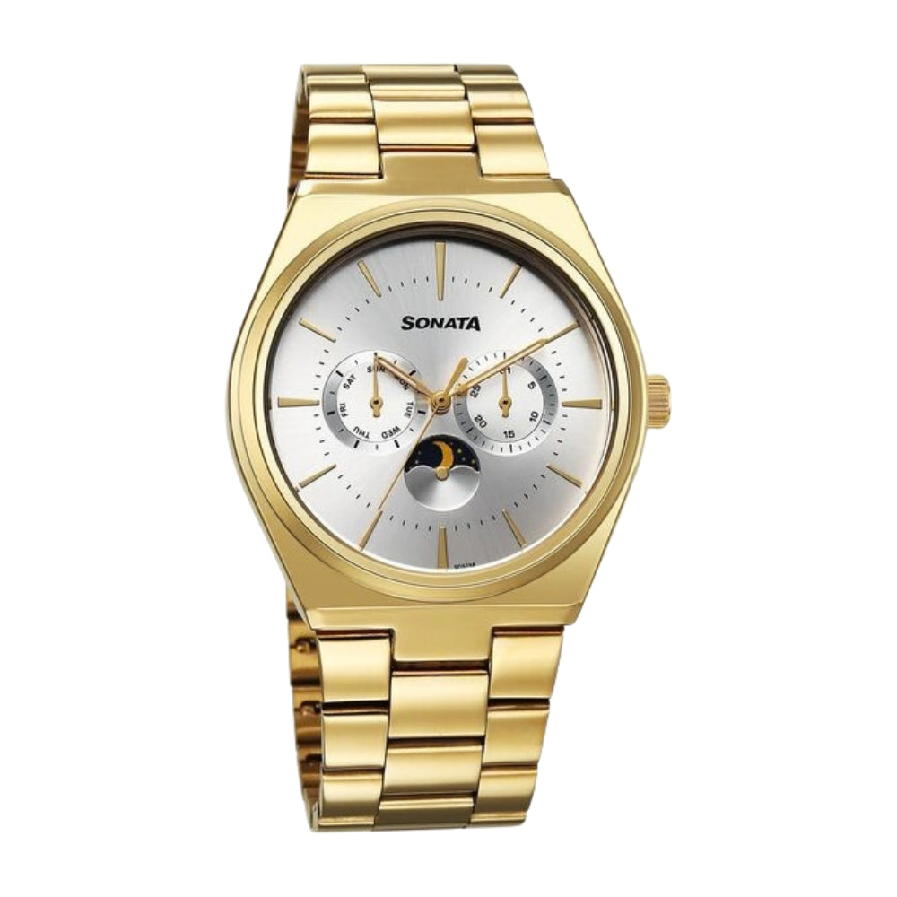 Sonata Festive Quartz Analog Silver Dial Metal Strap Watch For Men 77202YM01