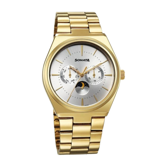 Sonata Festive Quartz Analog Silver Dial Metal Strap Watch For Men 77202YM01