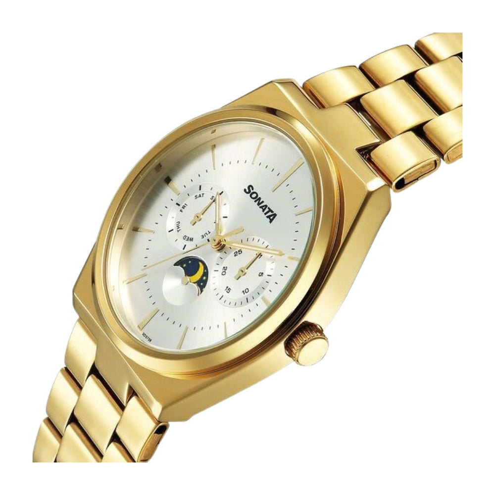 Sonata Festive Quartz Analog Silver Dial Metal Strap Watch For Men 77202YM01