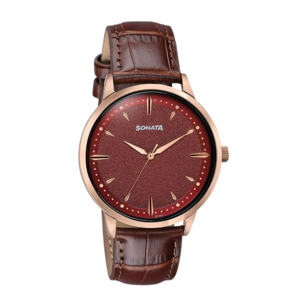 Sonata Jashn Quartz Analog Red Dial Brown Leather Strap Watch For Men 77208WL01