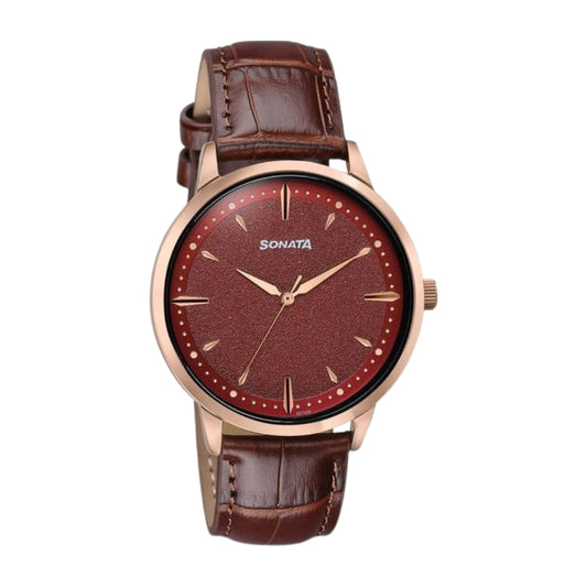 Sonata Jashn Quartz Analog Red Dial Brown Leather Strap Watch For Men 77208WL01