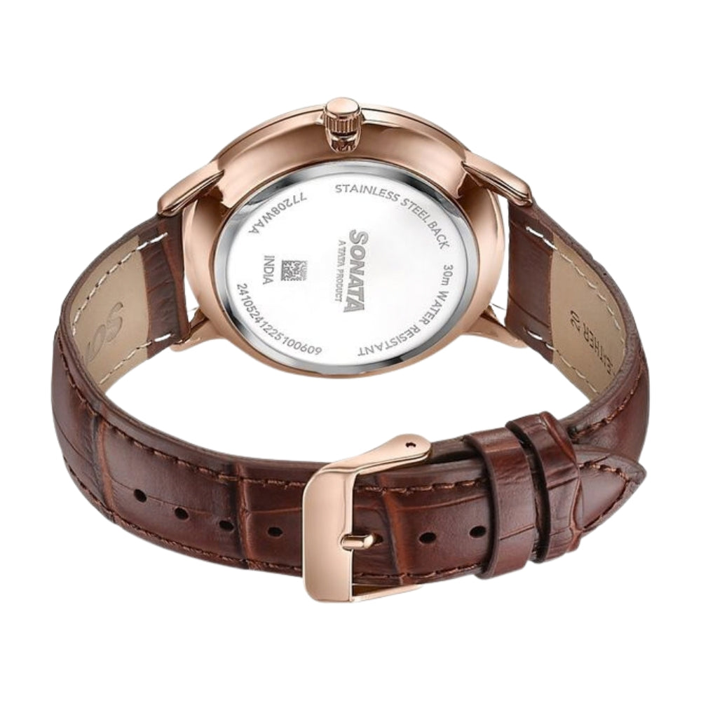Sonata Jashn Quartz Analog Red Dial Brown Leather Strap Watch For Men 77208WL01