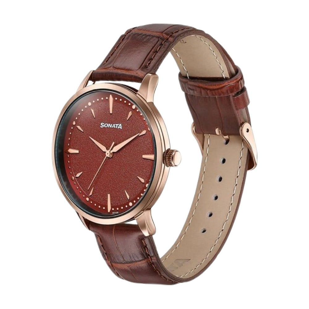 Sonata Jashn Quartz Analog Red Dial Brown Leather Strap Watch For Men 77208WL01