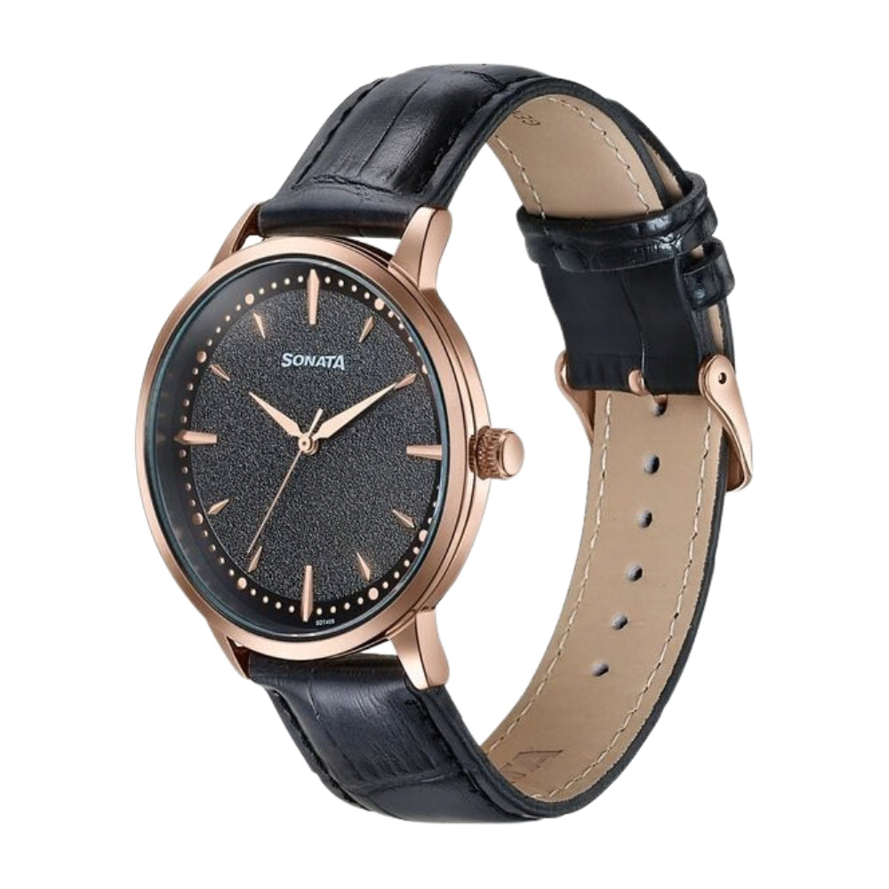 Sonata Jashn Quartz Analog Black Dial Black Leather Strap Watch For Men 77208WL02