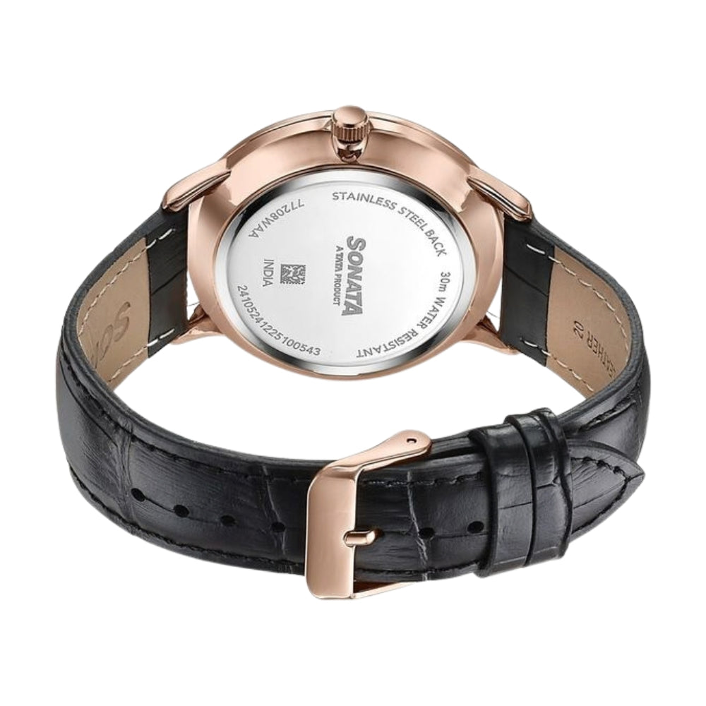Sonata Jashn Quartz Analog Black Dial Black Leather Strap Watch For Men 77208WL02