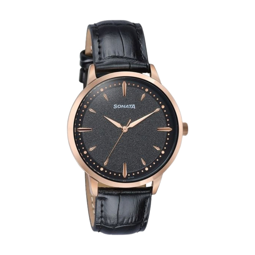 Sonata Jashn Quartz Analog Black Dial Black Leather Strap Watch For Men 77208WL02