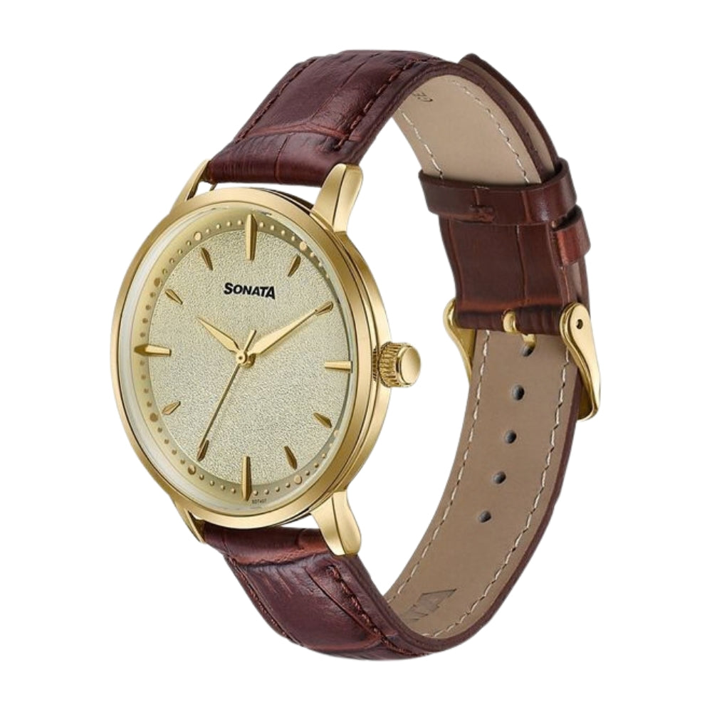 Sonata Jashn Quartz Analog Golden Dial Brown Leather Strap Watch For Men 77208YL01