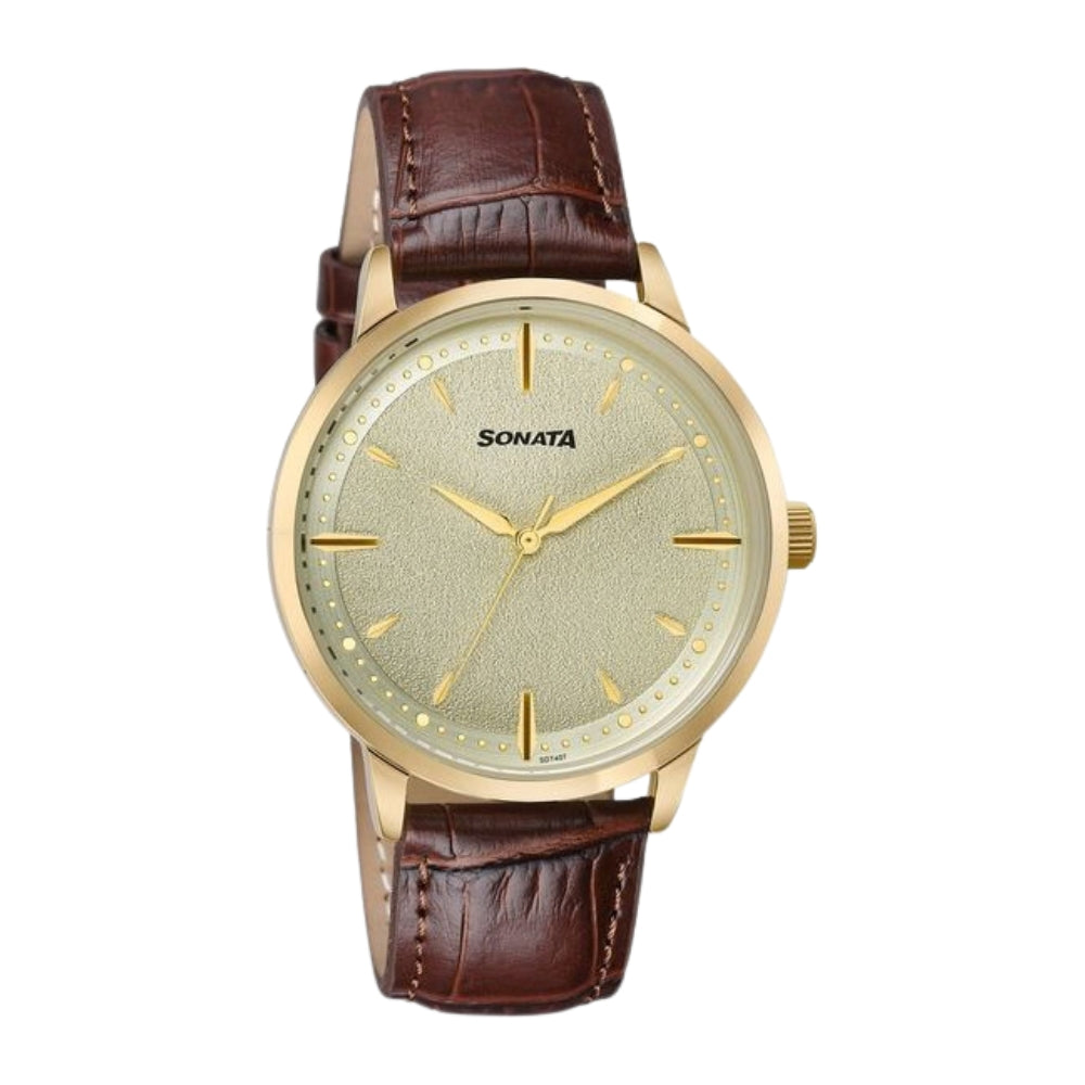 Sonata Jashn Quartz Analog Golden Dial Brown Leather Strap Watch For Men 77208YL01