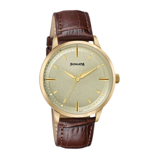 Sonata Jashn Quartz Analog Golden Dial Brown Leather Strap Watch For Men 77208YL01