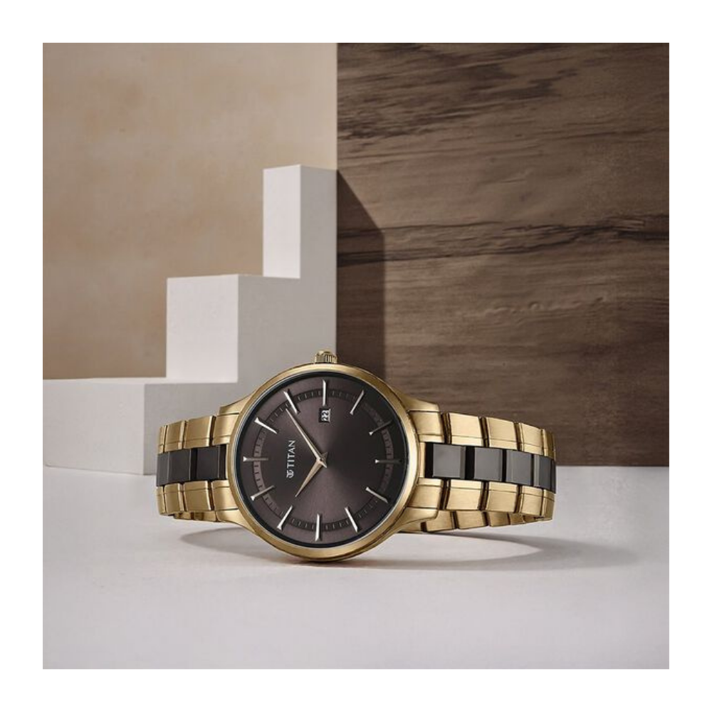 Titan Slim Ceramic Fusion Quartz Analog with Date Grey Dial Stainless Steel Strap Watch For Men 90142KD02