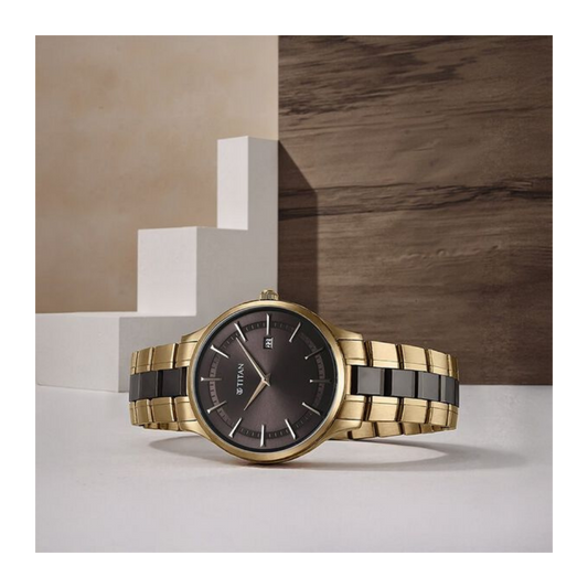 Titan Slim Ceramic Fusion Quartz Analog with Date Grey Dial Stainless Steel Strap Watch For Men 90142KD02