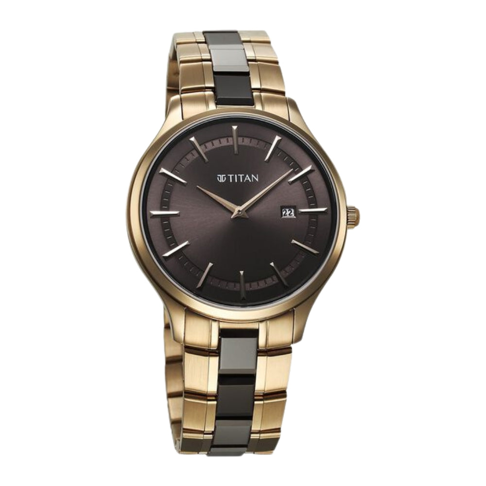 Titan Slim Ceramic Fusion Quartz Analog with Date Grey Dial Stainless Steel Strap Watch For Men 90142KD02