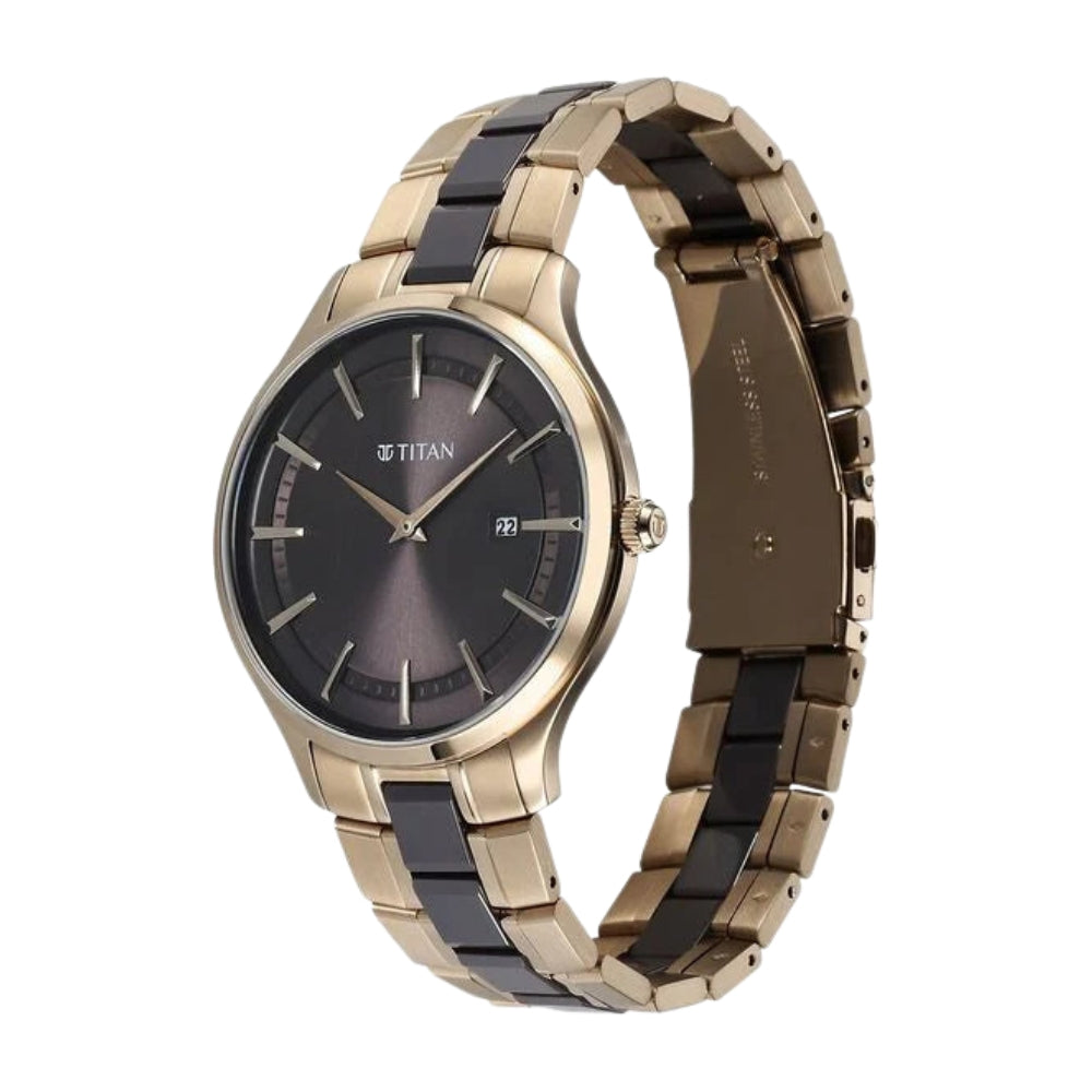 Titan Slim Ceramic Fusion Quartz Analog with Date Grey Dial Stainless Steel Strap Watch For Men 90142KD02