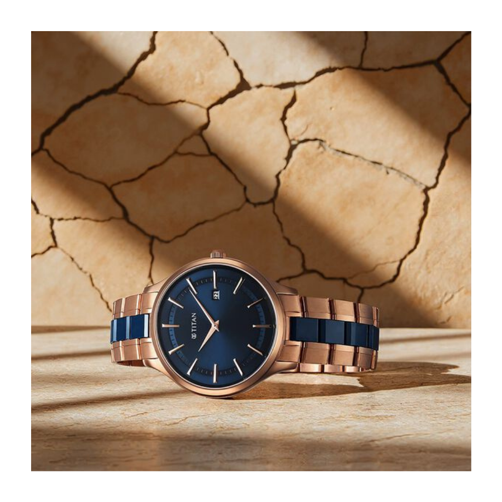 Titan Slim Ceramic Fusion Quartz Analog with Date Blue Dial Stainless Steel Strap Watch For Men 90142KD03